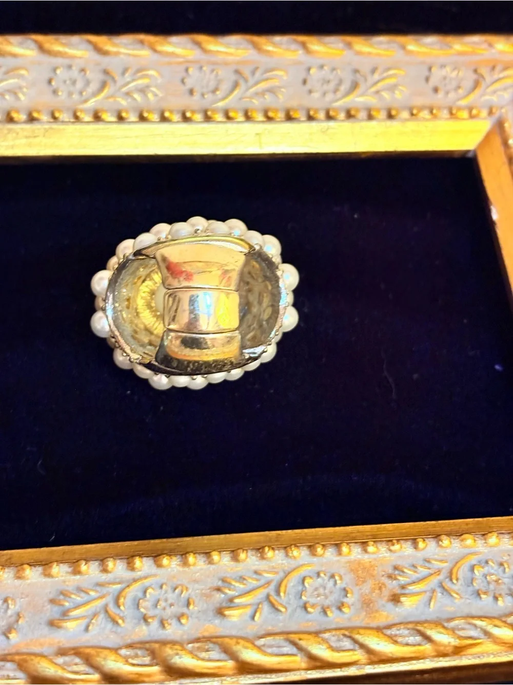 Vintage Faux Pearl Cluster & Rhinestone Dome Ring, Gold Tone Statement Ring‎